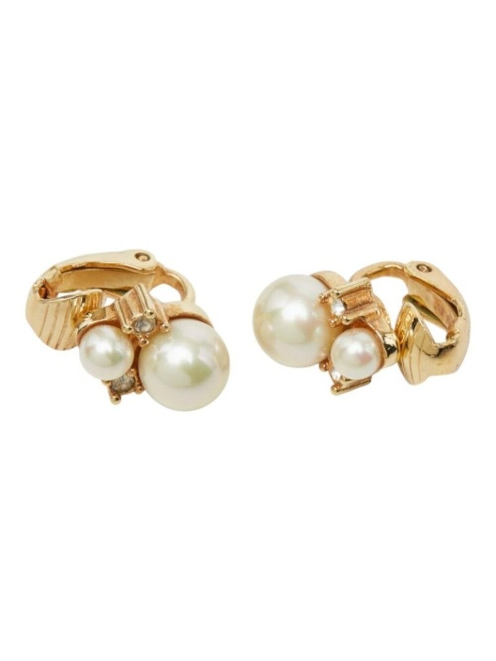 Dior Earrings Ear Clips Gold White Plated Faux Pearl Rhinestone